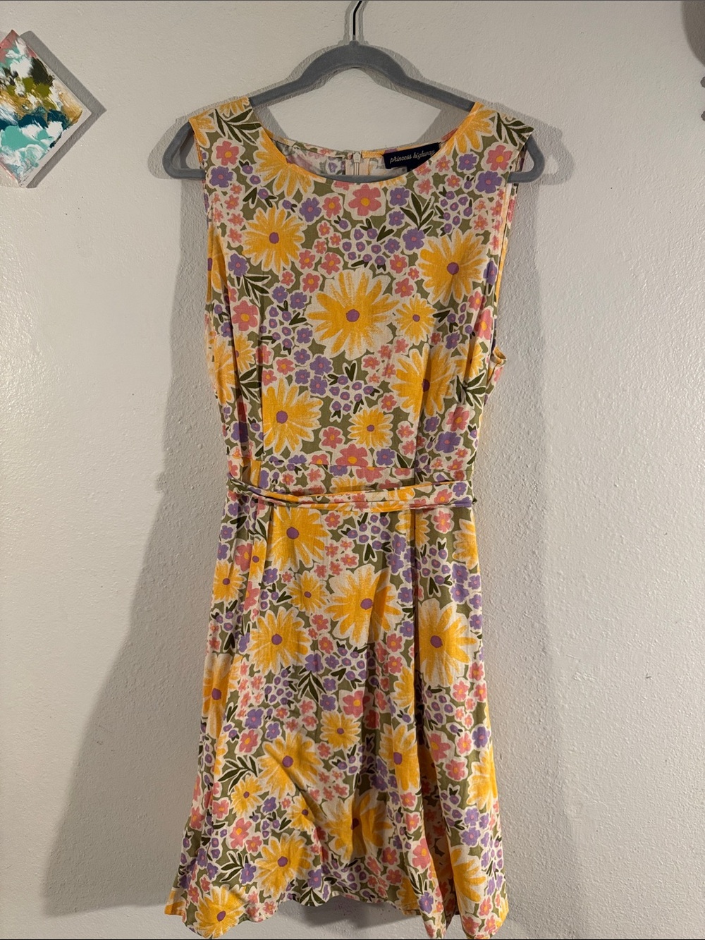 Princess highway Floral Sunflower Belted A-Line Dress - Yellow & Lavender